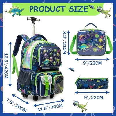 Conjunto escolar com mochila de rodinhas azul com estampado de dinossauros e planetas, lancheira e estojo