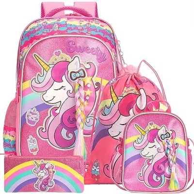 Conjunto de mochila, mochila pequena, saco de cordão e estojo rosa com estampa de unicórnio e arco-íris