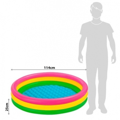 Piscina insuflável redonda colorida com base azul e três anéis rosa, amarelo e verde