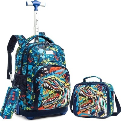 Mochila de rodinhas, estojo e lancheira com padrão de graffiti azul e estampa de dinossauro