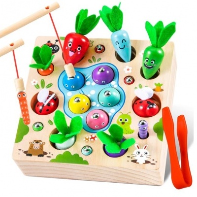 Brinquedo de madeira para pesca magnética com legumes coloridos e acessórios