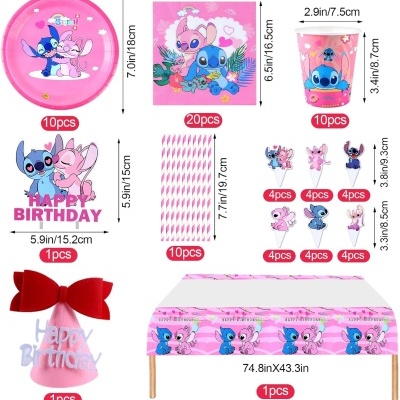 Conjunto de festa Stitch com pratos, guardanapos, copos, decoração de bolo, palhinhas, toppers, chapéu e toalha de mesa rosa
