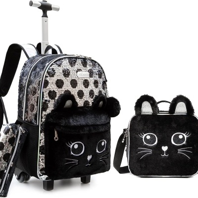 Conjunto de mochilas e mala para crianças com estampa de gato e cores preto e cinzento