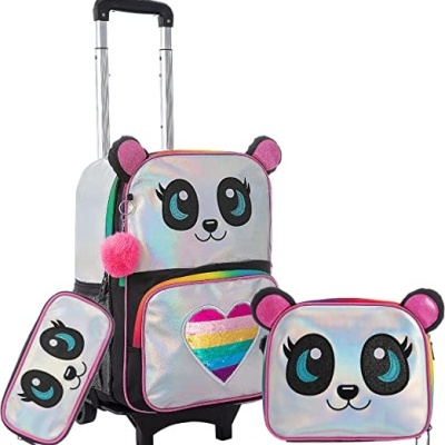 Conjunto panda mala rodinhas mochila estojo holográfico prateado rosa coração colorido