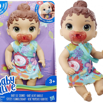 Boneca Baby Alive com vestido azul floral e chupeta vermelha na embalagem roxa
