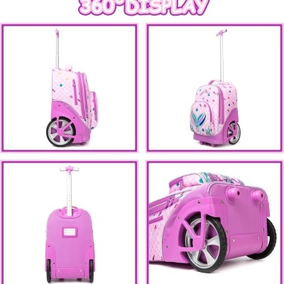 Mala de viagem rosa com padrão floral e rodas grandes em várias vistas.