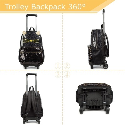 Mochila trolley preta com lantejoulas e detalhes de gato, vista de vários ângulos