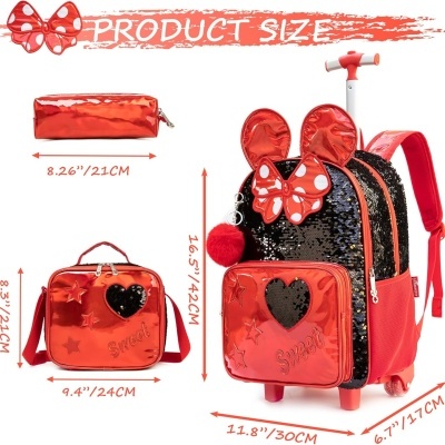 Mochila e acessórios vermelhos com detalhes brilhantes e orelhas de rato