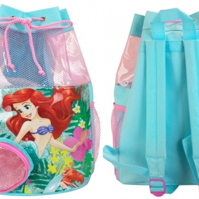 Mochila infantil azul turquesa e rosa com estampa da Ariel da Disney