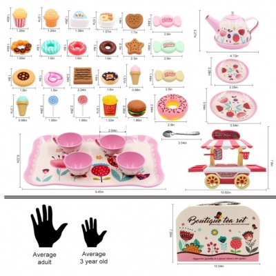 Conjunto de chá infantil com bules, xícaras, alimentos em miniatura e mala floral