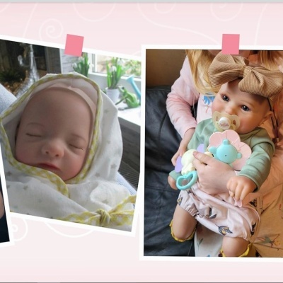 Colagem de fotos de bonecas realistas vestidas como bebés em posições diferentes.
