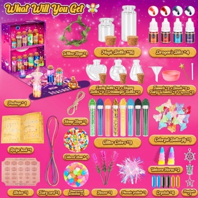 Conjunto variado de materiais para artesanato com frascos, glitter, balas coloridas e acessórios em fundo rosa