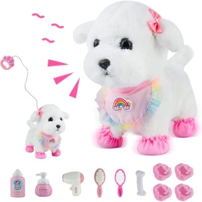 Peluche cão branco com acessórios de cuidado em rosa e branco