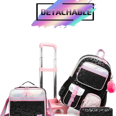 Conjunto de malas e mochila infantil preto e rosa com padrão de corações