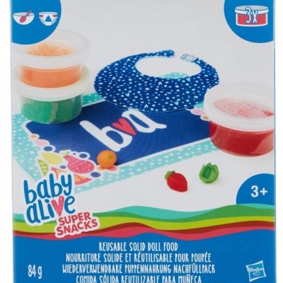 Embalagem de comida reutilizável para bonecas Baby Alive Super Snacks com potes coloridos e babete azul.