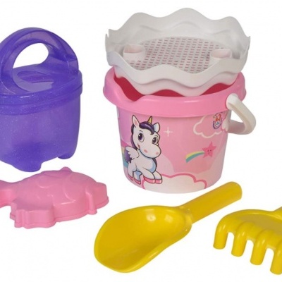 Brinquedos de praia coloridos para crianças com balde, regador, peneira, molde, pá e ancinho