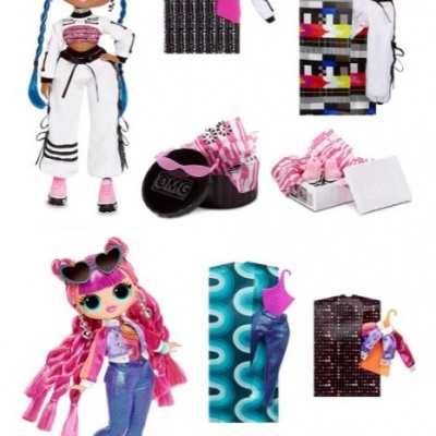 Duas bonecas LOL com roupas e acessórios variados em fundo branco.