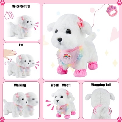 Brinquedo cão de pelúcia branco com acessórias cor-de-rosa e funções interativas