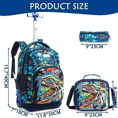 Mochila, estojo e saco térmico com estampa de dinossauro colorido e padrão grafite