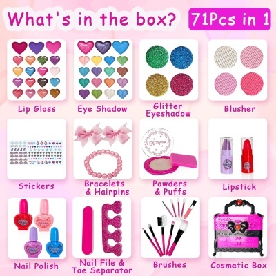 Conjunto de cosméticos e acessórios organizados em caixas com legenda em inglês mostrando 71 peças no total