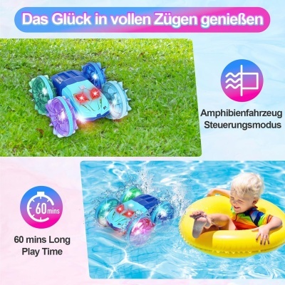Carro anfíbio de brinquedo em relva e água com criança numa piscina e texto em alemão