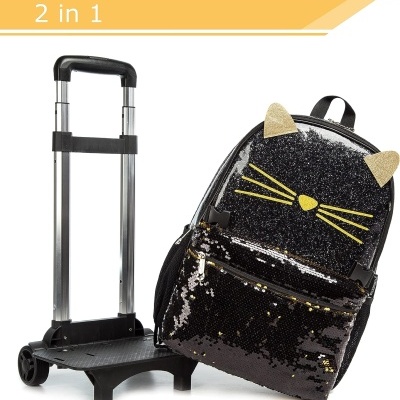 Conjunto 2 em 1 de carrinho de mão de alumínio com mochila preta de gato com lantejoulas e orelhas douradas