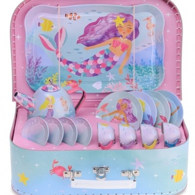 Conjunto de chá infantil com tema de sereia em caixa decorativa azul e rosa