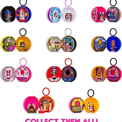 12 estojos redondos coloridos com bonecas LOL Surprise e texto COLLECT THEM ALL!