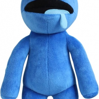 Pelúcia azul com olhos grandes e coroa amarela