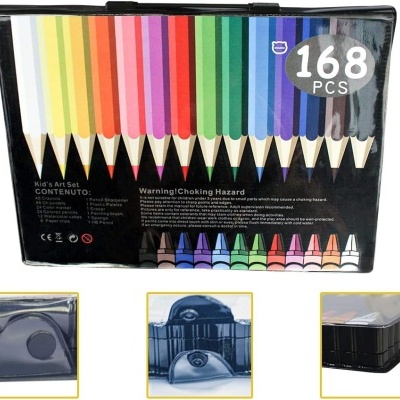 Estojo preto com 168 lápis de cor coloridos e texto de aviso