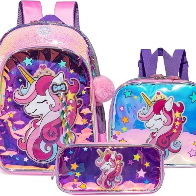 Conjunto mochila, lancheira e estojo unicórnio rosa roxo com estrelas coloridas
