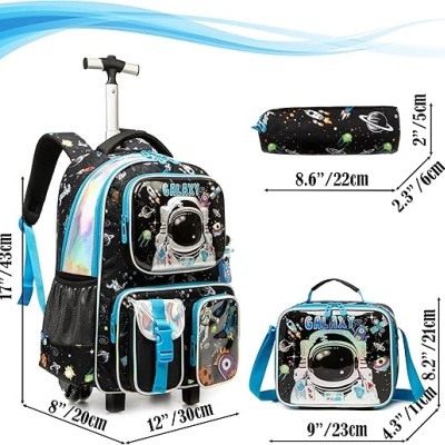 Conjunto mochila, lancheira e estojo padrão espacial preto com azul e holográfico