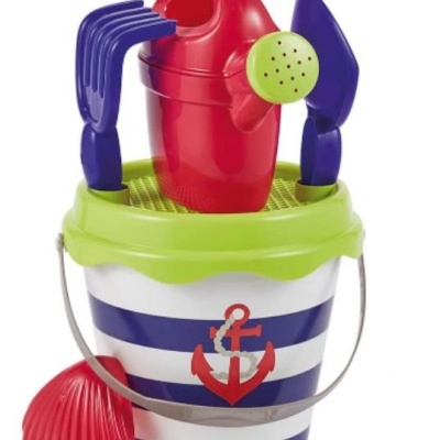 Brinquedo para crianças balde listrado azul e branco com regador e ferramentas coloridas