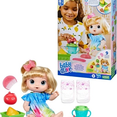 Boneca Baby Alive com acessórios de alimentação e embalagem com imagem da criança a brincar