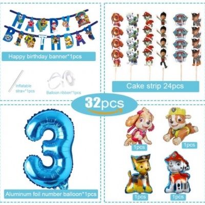 Conjunto de decoração de festa infantil com banners, toppers de bolo, balão azul número 3, palha e fita para balões