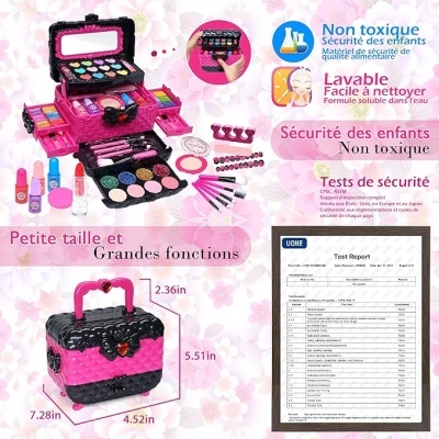 Estojo de maquilhagem infantil rosa e preto com várias maquilhagens e texto em francês sobre segurança e dimensões