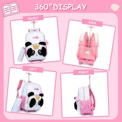 Mochila infantil panda branca e rosa mostrada de quatro ângulos em fundo rosa