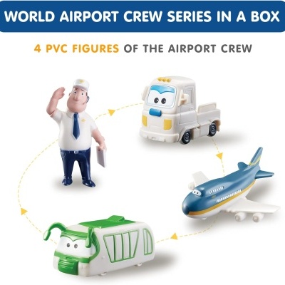 Conjunto de quatro figuras de PVC de equipa de aeroporto com texto descritivo