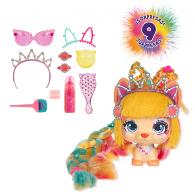 Brinquedo com figura de animal e acessórios coloridos, texto '9 SURPRESAS!'