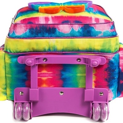 Mochila tie-dye colorida com rodas e estrutura rosa