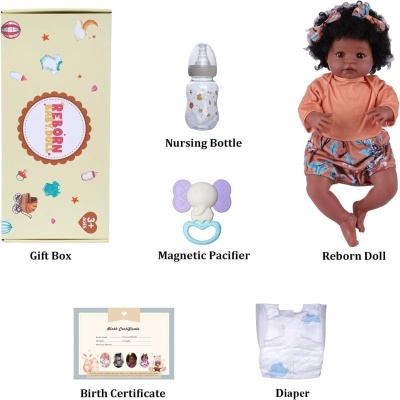 Conjunto de bebê reborn com caixa, mamadeira, chupeta, boneca, certificado e fralda
