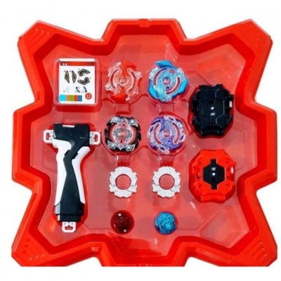 Conjunto de lançador e peças de brinquedo coloridas numa base vermelha