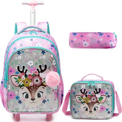 Conjunto de mochila rosa com carrinho, lancheira e estojo com estampa de veado e flores.
