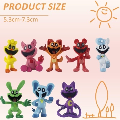 Oito figuras de personagens animados coloridas com texto e desenhos em fundo claro