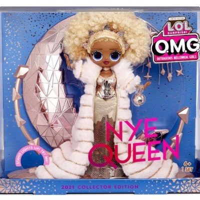 Boneca LOL Surprise OMG New Year Eve Queen na embalagem azul com detalhes dourados