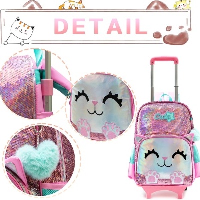 Mochila de rodas rosa com rosto de gato e lantejoulas brilhantes