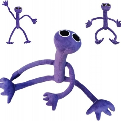Bonecos de pelúcia roxos com olhos grandes e membros longos