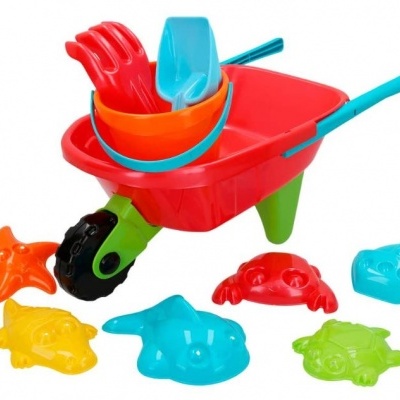 Brinquedo carrinho de mão vermelho com pás e conchas coloridas para areia