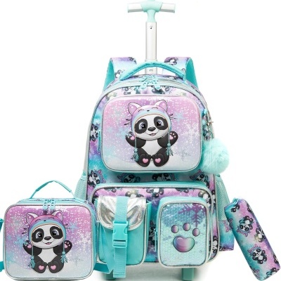 Conjunto de mochila com rodinhas, estojo e lancheira panda lilás e azul claro