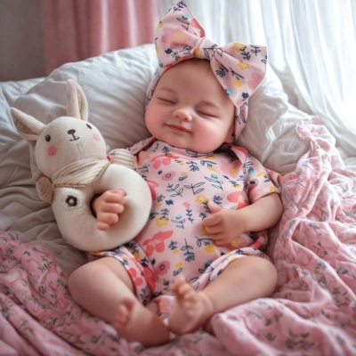 Bebé com roupa e faixa de cabelo rosa floral segurando peluche de coelho, deitada numa cama com manta rosa.